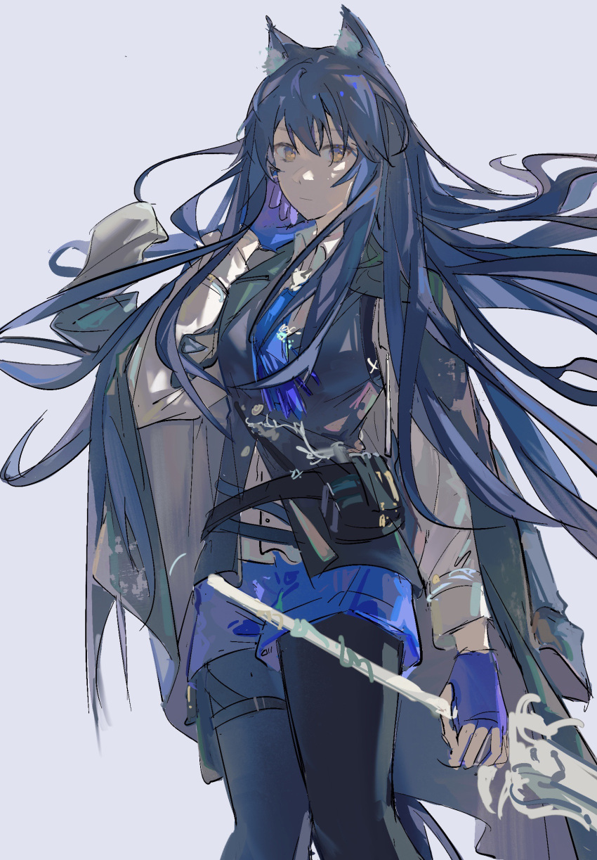 1girl, animal_ears, arknights, bangs, black_cape, black_hair, black_vest, blue_gloves, blue_necktie, blue_shorts, cape, cidao84194, collared_shirt, feet_out_of_frame, fingerless_gloves, gloves, gradient, gradient_background, grey_background, hand_up, highres, holding, holding_sword, holding_weapon, jacket, long_hair, long_sleeves, looking_at_viewer, necktie, official_alternate_costume, shirt, shorts, simple_background, sketch, solo, sword, texas_(arknights), texas_the_omertosa_(arknights), very_long_hair, vest, weapon, white_shirt, wolf_ears, yellow_eyes