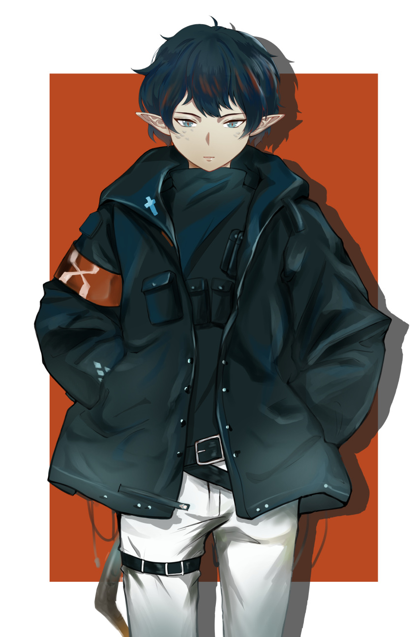 1boy, absurdres, arknights, armband, belt, black_coat, black_hair, blue_eyes