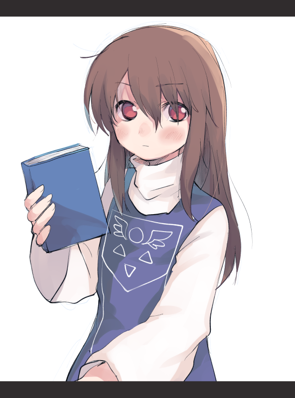 1girl, bangs, blush, book, brown_hair, chara_(undertale), closed_mouth, cosplay
