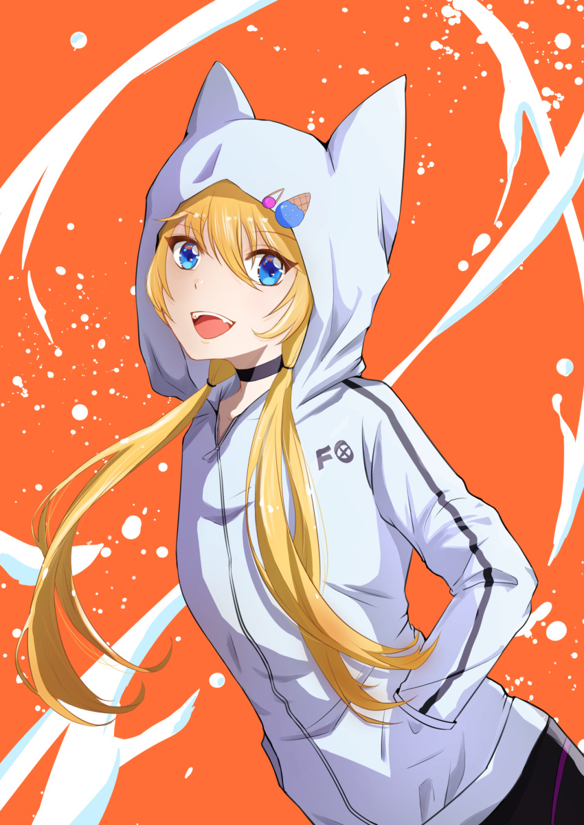 1boy, 1girl, :d, animal_hood, black_choker, blonde_hair, blue_eyes, choker