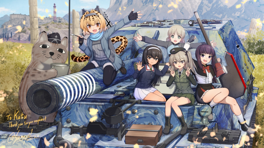 1other, 5girls, :d, aki_(girls_und_panzer), bangs, beret, black_gloves, black_hair
