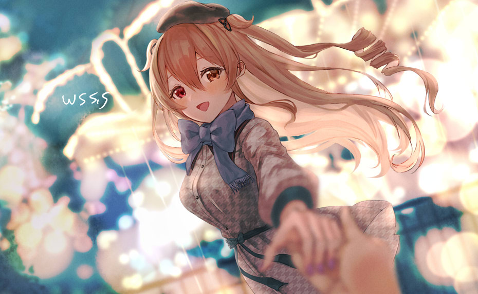 1girl, artist_name, beret, black_headwear, blue_scarf, blurry, blurry_background, blurry_foreground