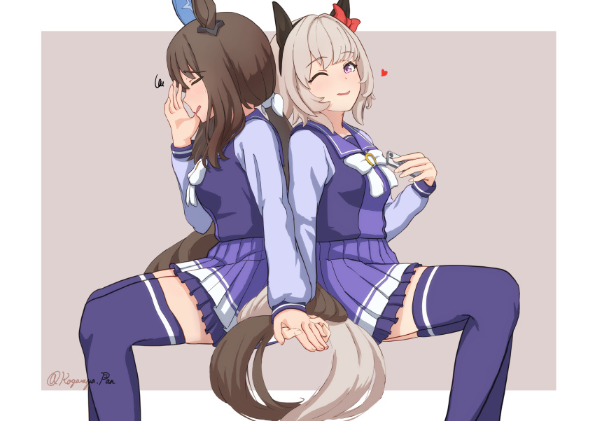 2girls, ;), absurdres, admire_vega_(umamusume), agepan._(pangcha3324), animal_ears, blue_legwear, bow