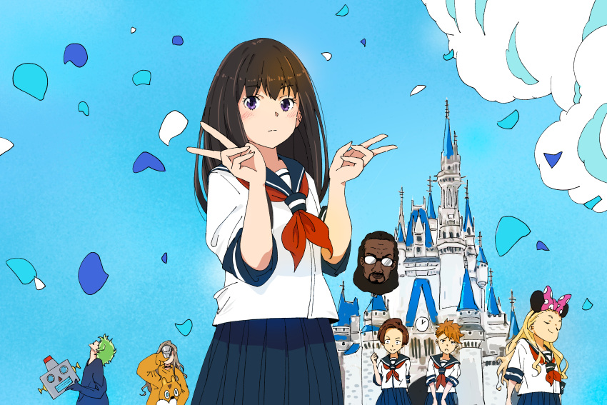 absurdres, alternate_costume, balloon, black_hair, black_ribbon, blonde_hair, brown_hair, closed_eyes