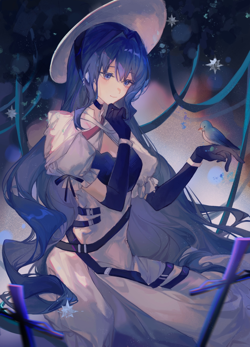 1girl, animal_on_hand, arknights, astesia_(arknights), astesia_(starseeker)_(arknights), belt, bird, black_gloves