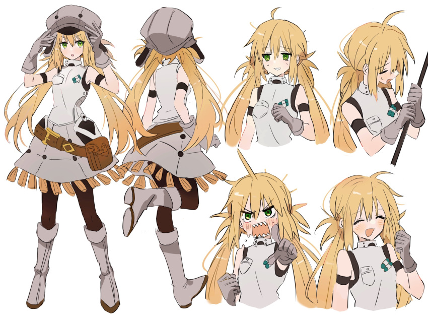 1girl, 6+girls, @_@, ahoge, artoria_caster_(fate), artoria_caster_(first_ascension)_(fate), artoria_pendragon_(fate), bangs, belt, belt_bag, black_pantyhose, blonde_hair, blush, boots, breasts, brown_belt, buttons, closed_eyes, closed_mouth, fur_hat, gloves, green_eyes, grey_footwear, grey_gloves, grey_headwear, hair_between_eyes, hat, highres, holding, holding_weapon, long_fall_boots, long_hair, looking_at_viewer, multiple_girls, namiharuru, open_mouth, packet, pantyhose, small_breasts, smile, teeth, twintails, ushanka, vest, weapon, white_background, white_vest