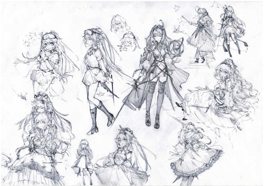 :d, ;), absurdres, arknights, armillary_sphere, astesia_(arknights), astgenne_(arknights), bird, chibi, eyewear_on_head, highres, holding, holding_sword, holding_wand, holding_weapon, hug, looking_up, one_eye_closed, ponytail, sitting, sketch, smile, sword, thumbs_up, traditional_media, wand, weapon, youyou72364