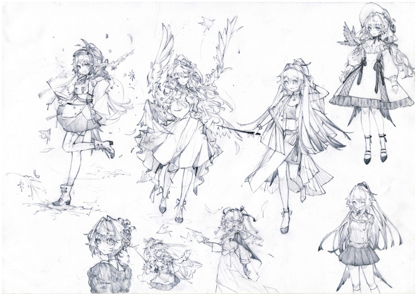 ;d, absurdres, arknights, astesia_(arknights), astgenne_(arknights), bird, bird_on_hand, boots, casual, closed_eyes, dress, foot_up, full_body, hat, highres, holding, holding_wand, long_hair, monochrome, one_eye_closed, open_mouth, parted_lips, ponytail, skirt, smile, standing, traditional_media, turning_around, wand, wings, youyou72364