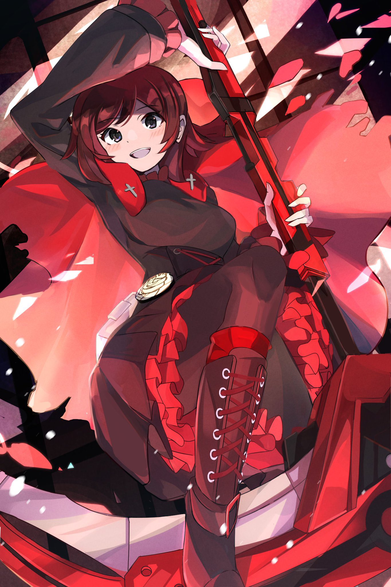 1girl, black_dress, black_footwear, blush, boots, cape, cross-laced_footwear, dress, gradient_hair, grey_eyes, hair_bow, highres, holding, holding_scythe, holding_weapon, hood, hooded_cape, knee_boots, lace-up_boots, long_sleeves, multicolored_hair, open_mouth, pantyhose, petals, red_cape, red_hair, redhead, ruby_rose, rwby, scythe, short_hair, silver_eyes, smile, solo, umiru, weapon