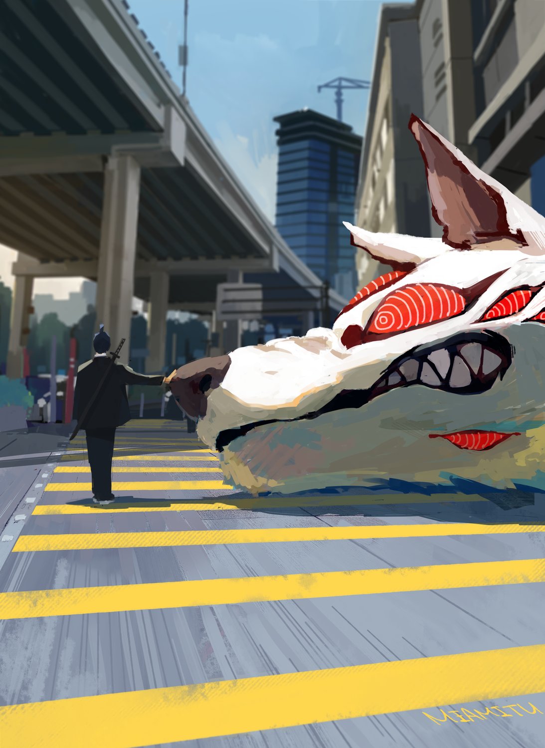 1boy, black_hair, black_jacket, black_pants, building, chainsaw_man, day, extra_eyes, formal, fox_devil_(chainsaw_man), hayakawa_aki, highres, jacket, katana, miamitu, pants, red_eyes, ringed_eyes, road, sharp_teeth, short_hair, street, suit, sword, teeth, topknot, weapon, weapon_on_back
