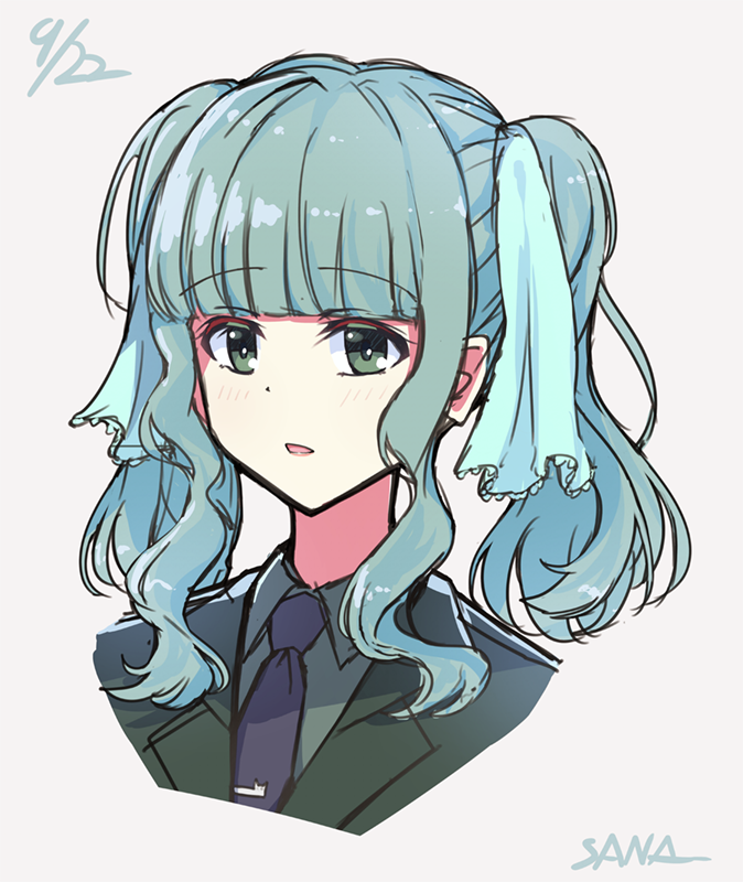 1girl, alternate_costume, aqua_ribbon, bangs, black_jacket, blunt_bangs, blush, character_name