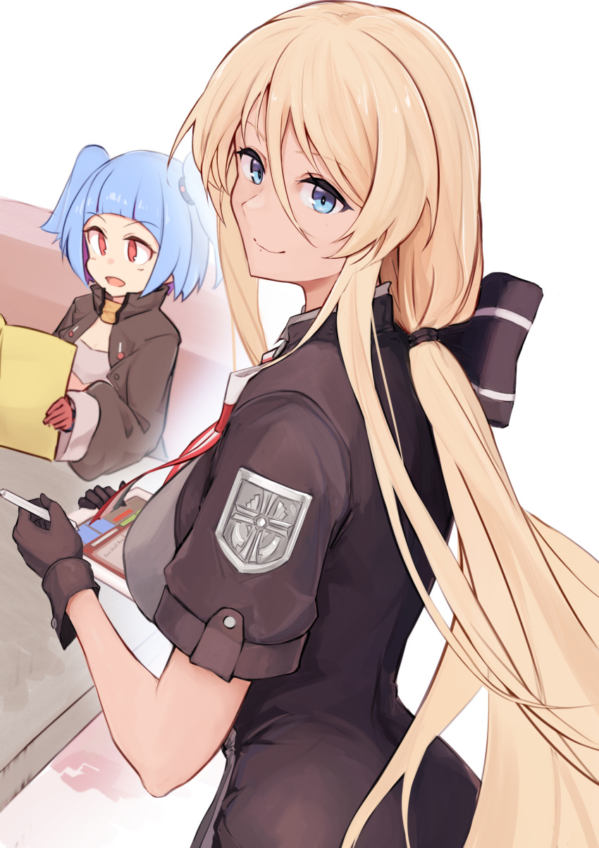 2girls, :d, azur_lane, bangs, bismarck_(azur_lane), bismarck_(iron_black_elysium)_(azur_lane), black_gloves, black_jacket