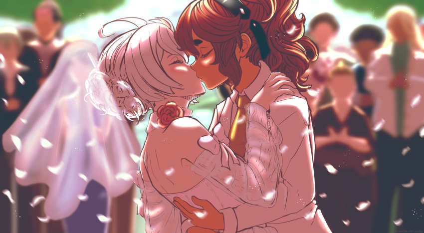 2girls, ahoge, alternate_hairstyle, back, blurry, blurry_background, blurry_foreground, bride, closed_eyes, collar, day, depth_of_field, dress, flower, formal, groom, gundam, gundam_suisei_no_majo, hairband, highres, hug, kiss, light_blush, long_hair, medium_hair, miorine_rembran, multiple_girls, necktie, outdoors, petals, redhead, suit, suletta_mercury, thick_eyebrows, tsunnamiart, wedding, wedding_dress, white_hair, white_suit, wife_and_wife, yuri