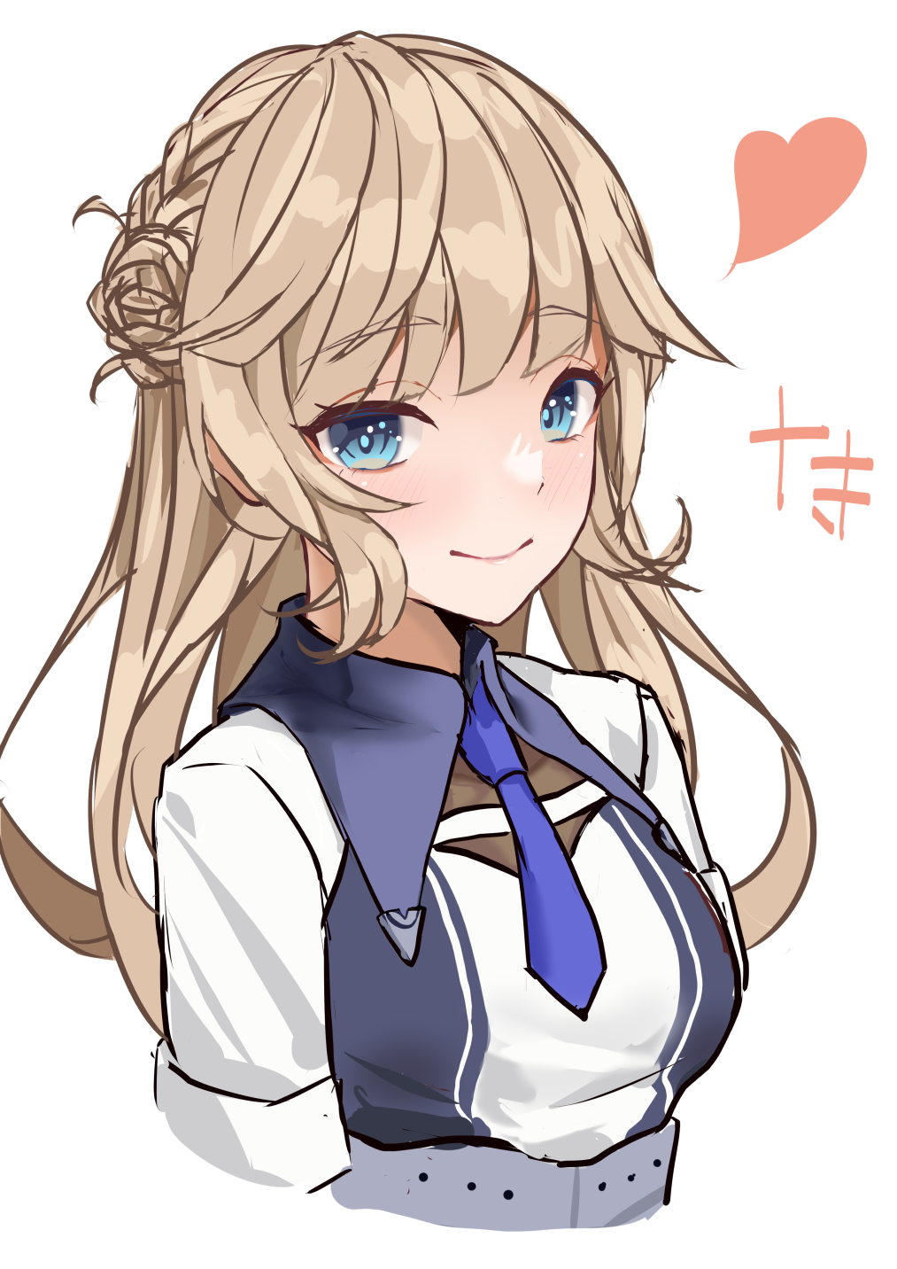 1girl, black_dress, blue_dress, blue_eyes, blue_necktie, blue_neckwear, blush, braid, breasts, closed_mouth, cropped_torso, double_bun, dress, gradient, gradient_background, hair_bun, heart, highres, kantai_collection, light_brown_hair, long_hair, medium_breasts, nagisa_nagi, necktie, ranger_(kancolle), shirt, short_sleeves, side_braids, simple_background, sketch, smile, solo, two-tone_dress, upper_body, white_background, white_dress, white_shirt