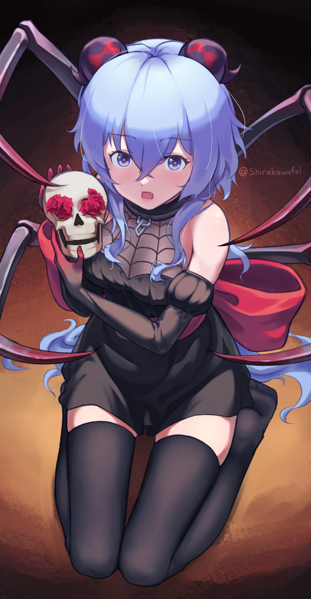 1girl, artist_name, bangs, bare_shoulders, black_dress, black_thighhighs, blue_hair, blush