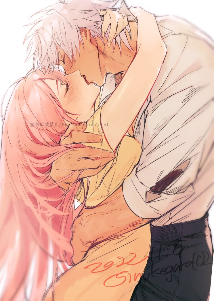 1boy, 1girl, alphen_(tales), bangs, blush, breasts, closed_eyes, couple, dark-skinned_male, dark_skin, dress, hair_between_eyes, hetero, hug, husband_and_wife, kiss, long_hair, nukegara102, official_alternate_costume, pink_hair, shionne_(tales), short_hair, sidelocks, small_breasts, tales_of_(series), tales_of_arise, very_long_hair, white_hair, yellow_dress