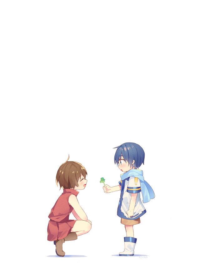 1boy, 1girl, 2boys, blue_eyes, blue_hair, blue_scarf, boots, brown_footwear