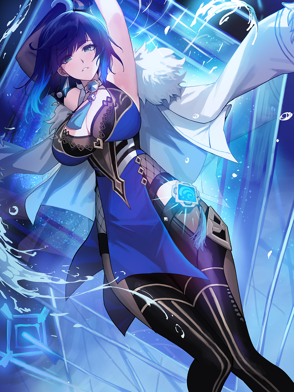 1girl, armpits, arms_up, bangs, black_gloves, black_thighhighs, blue_eyes, blue_hair