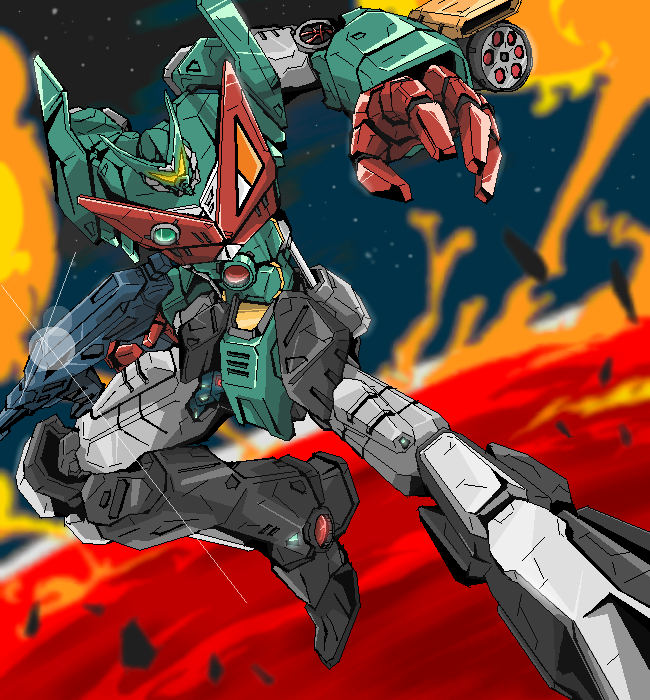 asteroid, beam_rifle, energy_gun, fire, ginga_shippuu_sasuraiger, glowing, lens_flare, machinery, mecha, missile_pod, monmon_(monban), no_humans, oekaki, robot, sasuraiger_(mecha), science_fiction, sketch, solar_flare, solo, space, star_(sky), sun, super_robot, weapon, zero_gravity