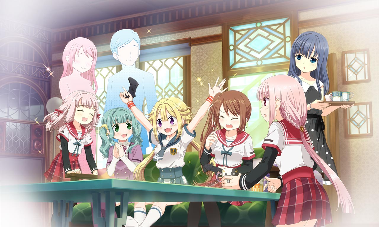 1boy, 6+girls, :d, :o, ^_^, aqua_ribbon, arms_up, bangs