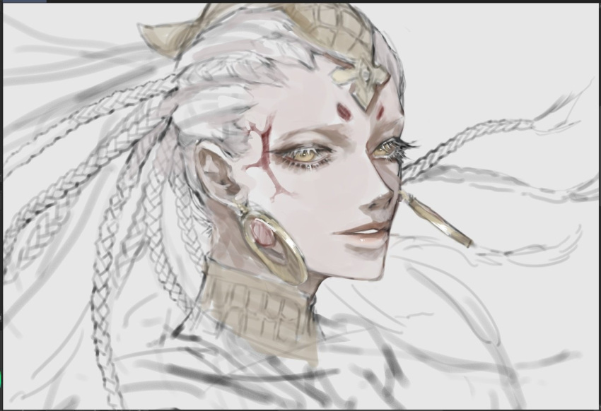 1boy, black_clover, border, braid, earrings, elf, facial_mark, gold_earrings, hoop_earrings, jewelry, jiangxhi, kippah, letterboxed, long_braid, long_hair, looking_at_viewer, multiple_braids, patry, pointy_ears, sketch, solo, white_hair