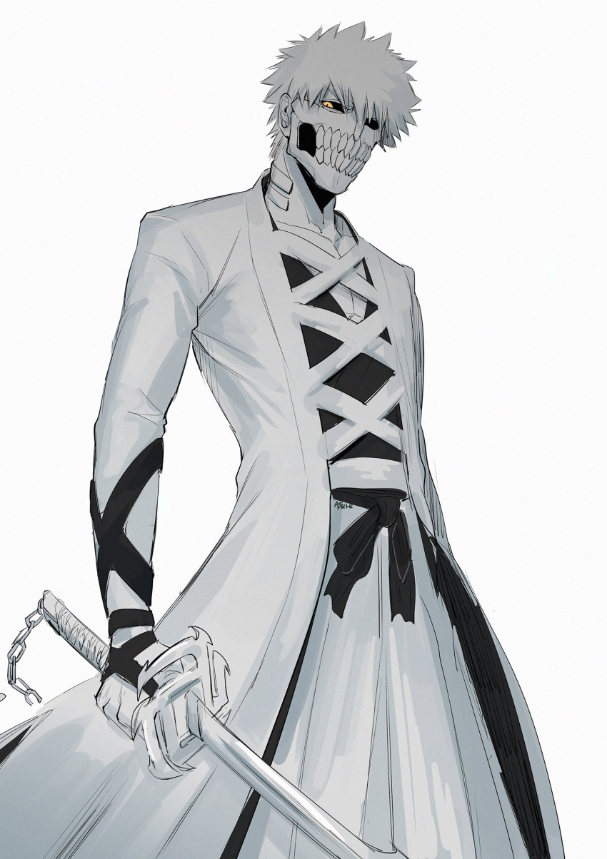 1boy, asure_(asure_twi), bangs, black_sclera, coat, collarbone, colored_sclera, commentary_request, copyright_request, gradient, gradient_background, grey_background, greyscale, hair_between_eyes, hakama, hakama_skirt, highres, holding, holding_sword, holding_weapon, japanese_clothes, katana, looking_at_viewer, male_focus, monochrome, orange_eyes, shirt, simple_background, skirt, solo, sword, v-shaped_eyebrows, weapon