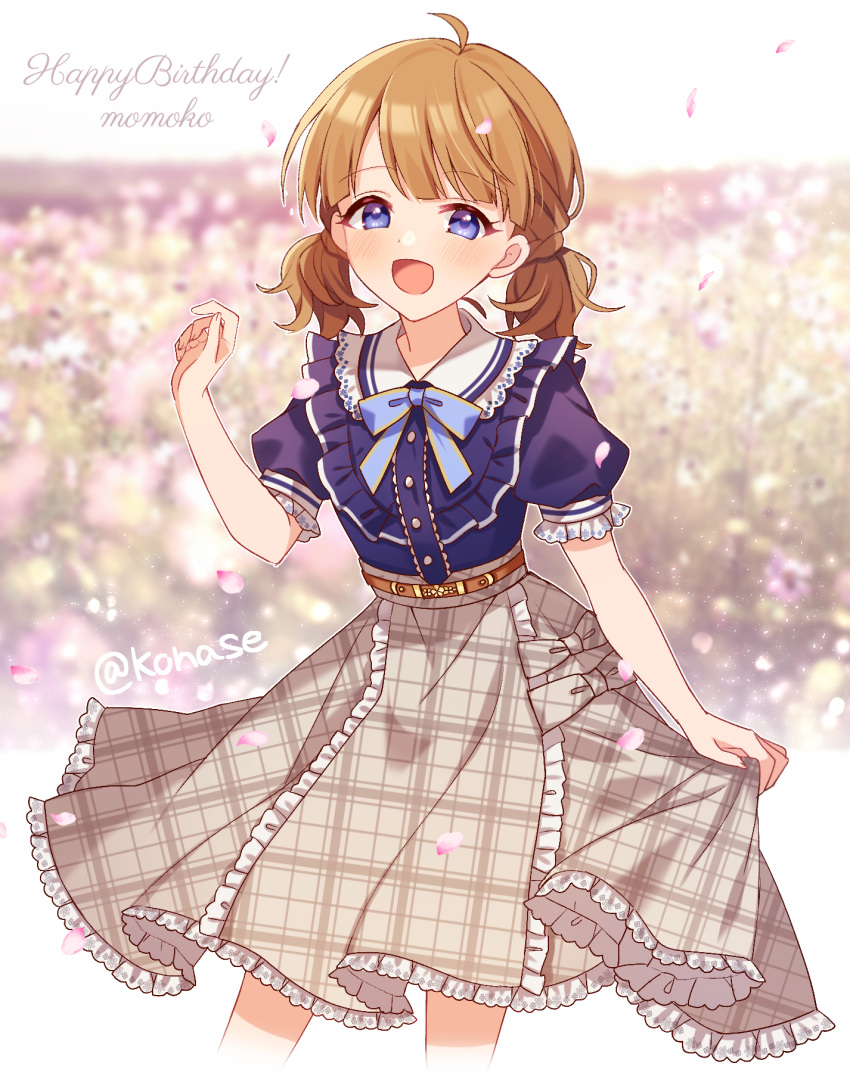 1girl, ahoge, bangs, belted_skirt, blue_bow, blue_bowtie, blue_shirt, blurry