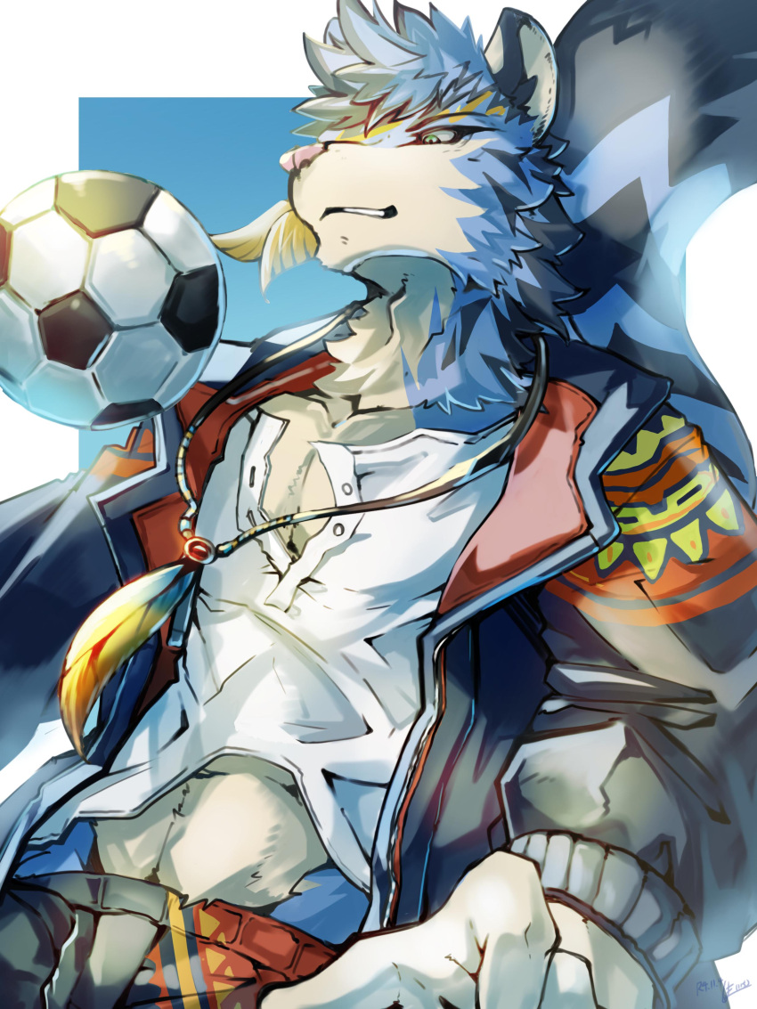 1boy, abs, absurdres, animal_ears, animal_nose, ball, blue_background, blue_fur