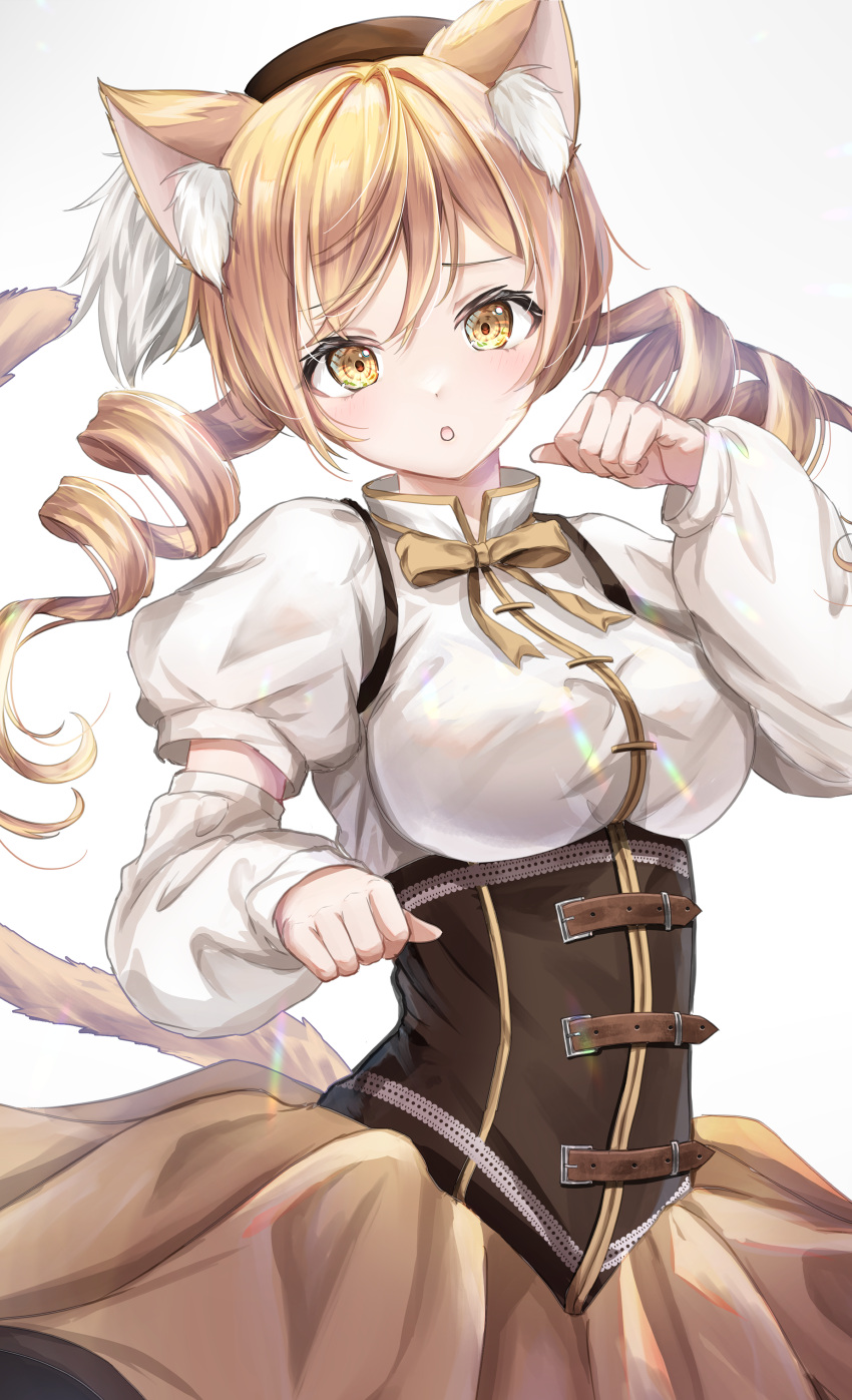 1girl, :o, absurdres, animal_ears, beret, blonde_hair, breasts, brown_headwear