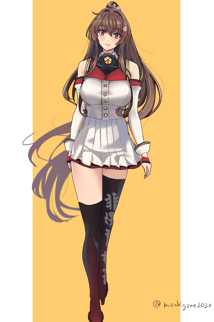 1girl, asymmetrical_legwear, black_footwear, boots, breasts, brown_eyes, brown_hair, cherry_blossoms