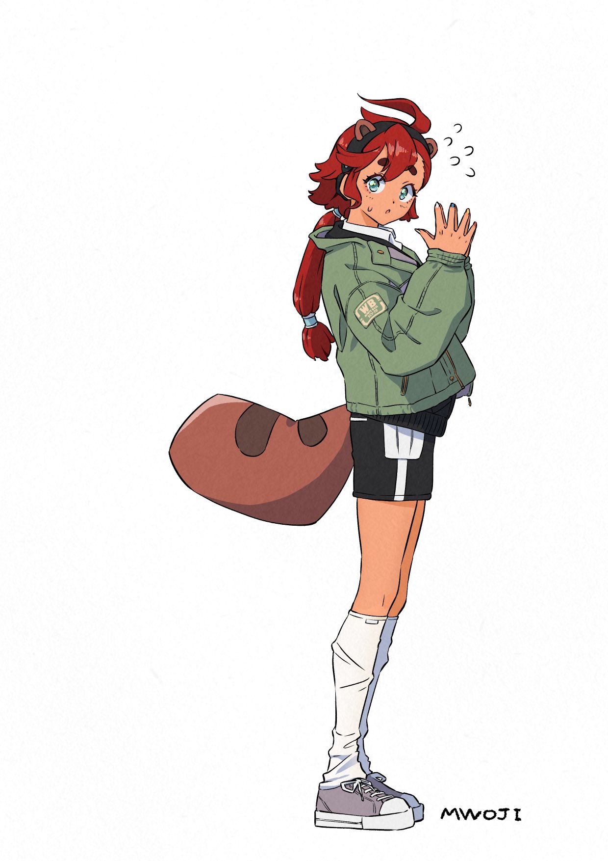 1girl, alternate_costume, animal_ears, black_hairband, black_shorts, checkered_background, collared_shirt, from_side