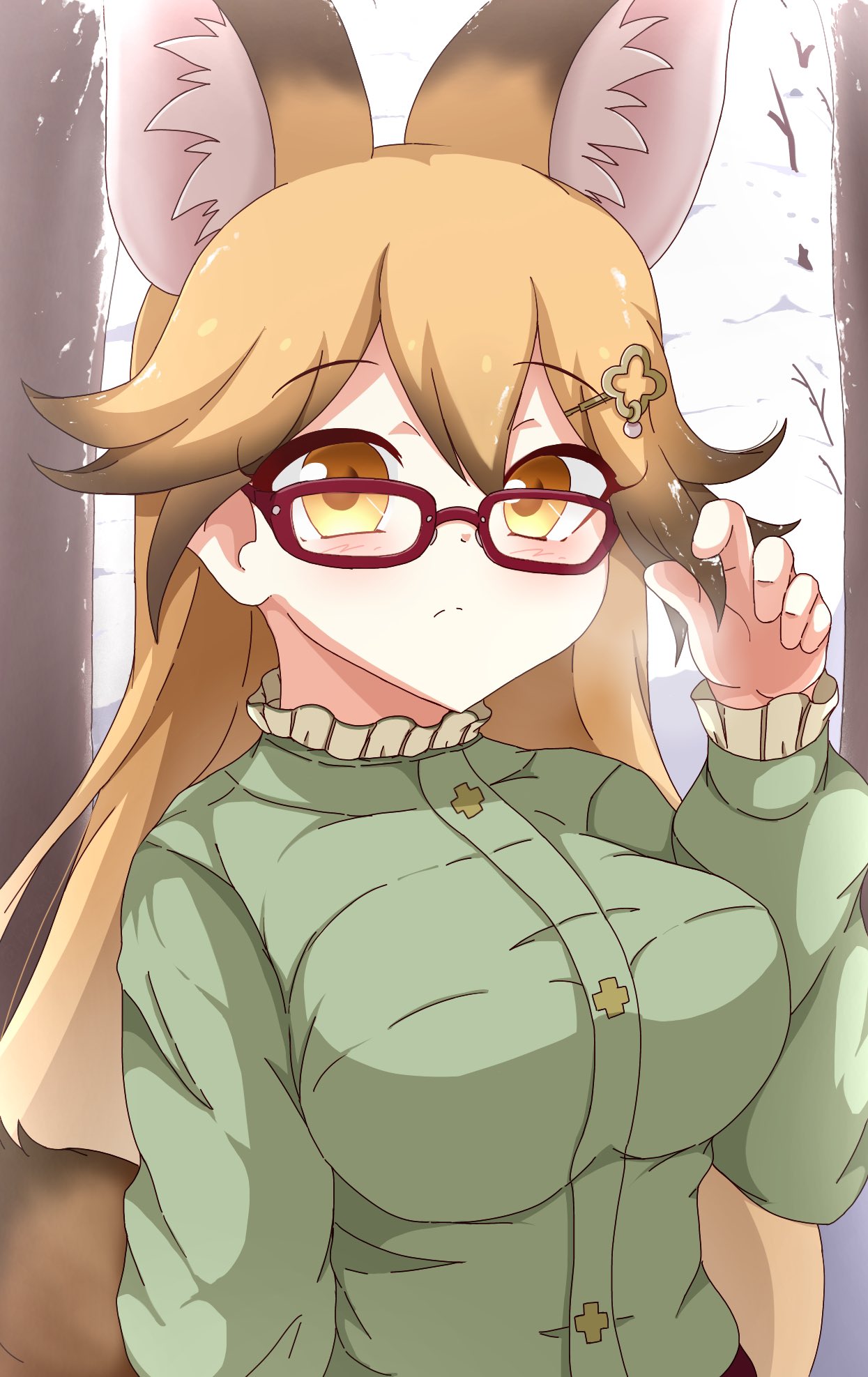 1girl, animal_ears, blonde_hair, blush, brown_hair, casual, collar, commentary_request