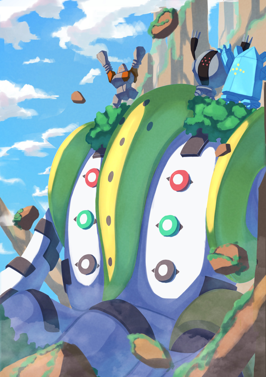absurdres, arms_up, blue_sky, cloud, clouds, commentary_request, day, giant, highres, moss, mountain, no_humans, on_shoulder, outdoors, pokemon, pokemon_(creature), pokemon_on_shoulder, regice, regigigas, regirock, registeel, ririri_(user_rkrv7838), sitting, sky, tree