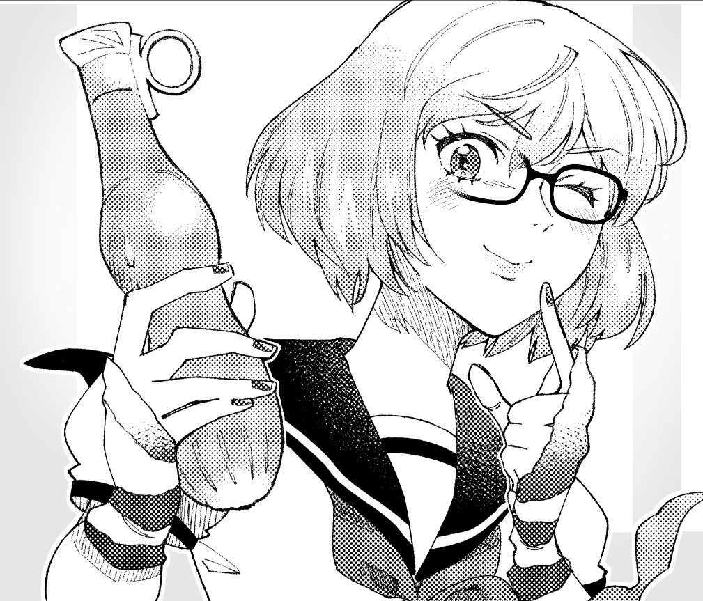 1girl, benten_(housamo), blush, closed_mouth, commentary_request, glasses, gloves, greyscale