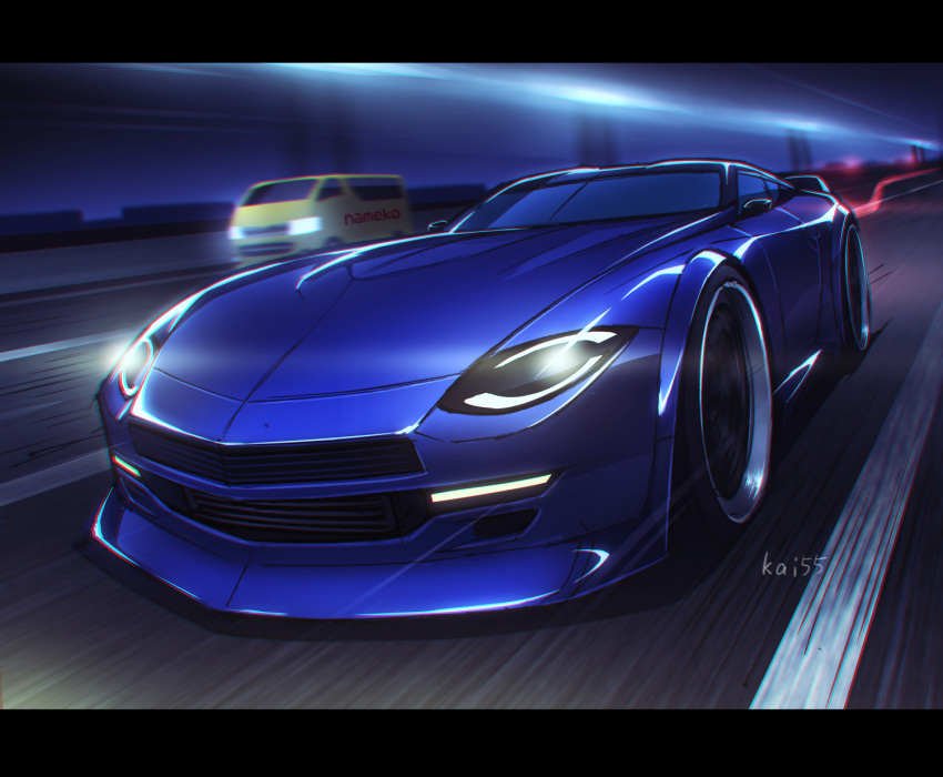 car, devil_z, glowing, ground_vehicle, headlight, helmet, highres, kai55, letterboxed, motion_lines, motor_vehicle, nissan, nissan_fairlady_z, nissan_z_(rz34), no_humans, science_fiction, van, vehicle_focus, wangan_midnight