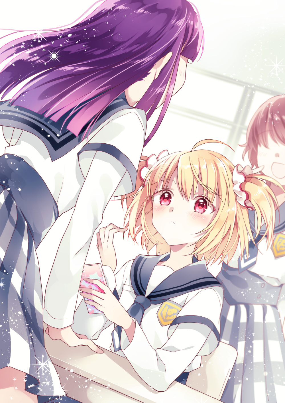 3girls, :<, ahoge, ayano_rika, ayumaru_(art_of_life), bangs, blonde_hair, blue_necktie