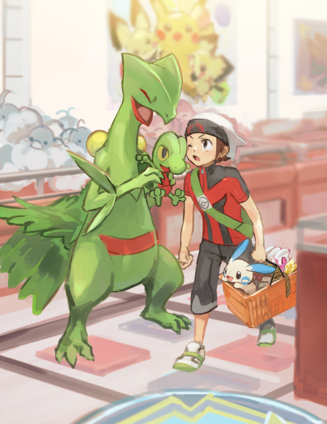 1boy, backpack, bag, baseball_cap, beanie, black_pants, blurry, brendan_(pokemon), brown_hair, capri_pants, character_doll, green_bag, green_footwear, grey_eyes, hat, indoors, male_focus, maumaujanken, minun, pants, pichu, pikachu, poke_ball_print, pokemon, pokemon_(creature), pokemon_(game), pokemon_oras, sceptile, shirt, shoes, short_hair, short_sleeves, skitty, sneakers, standing, swablu, tight, tight_shirt, treecko, white_footwear, white_headwear, zipper_pull_tab