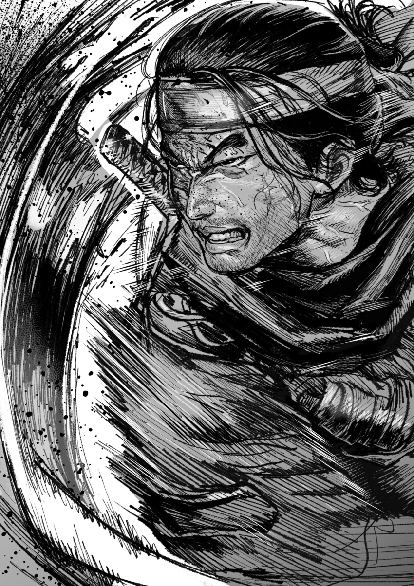 1boy, clenched_teeth, commentary_request, facial_hair, furrowed_brow, gesogeso, ghost_of_tsushima, greyscale
