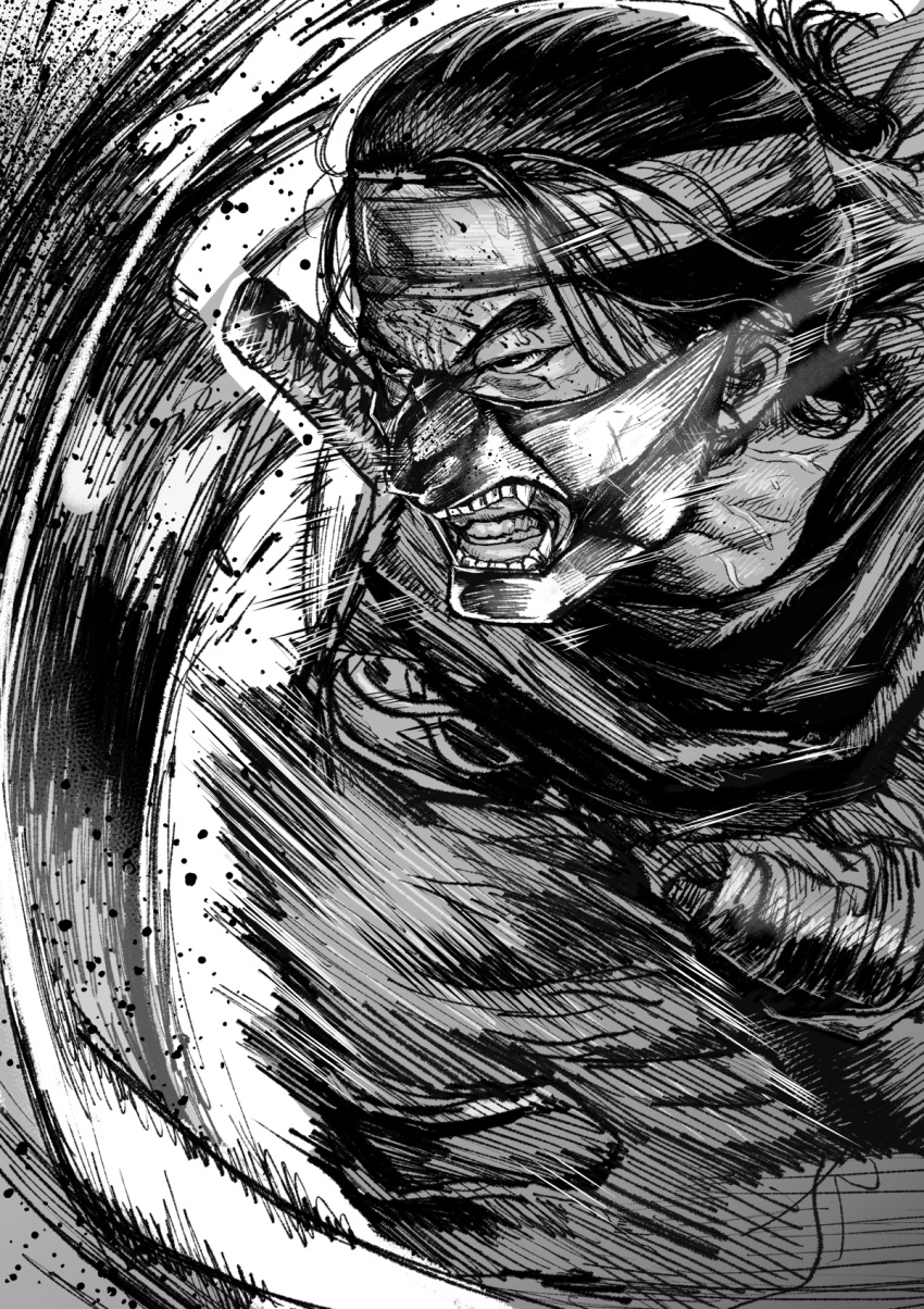1boy, clenched_teeth, commentary_request, furrowed_brow, gesogeso, ghost_of_tsushima, greyscale, headband
