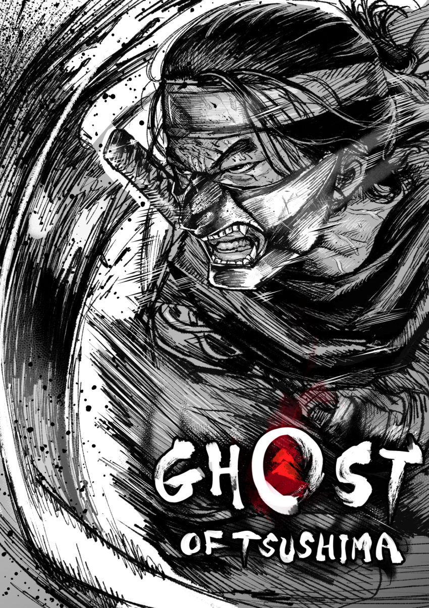 1boy, clenched_teeth, commentary_request, copyright_name, furrowed_brow, gesogeso, ghost_of_tsushima, greyscale