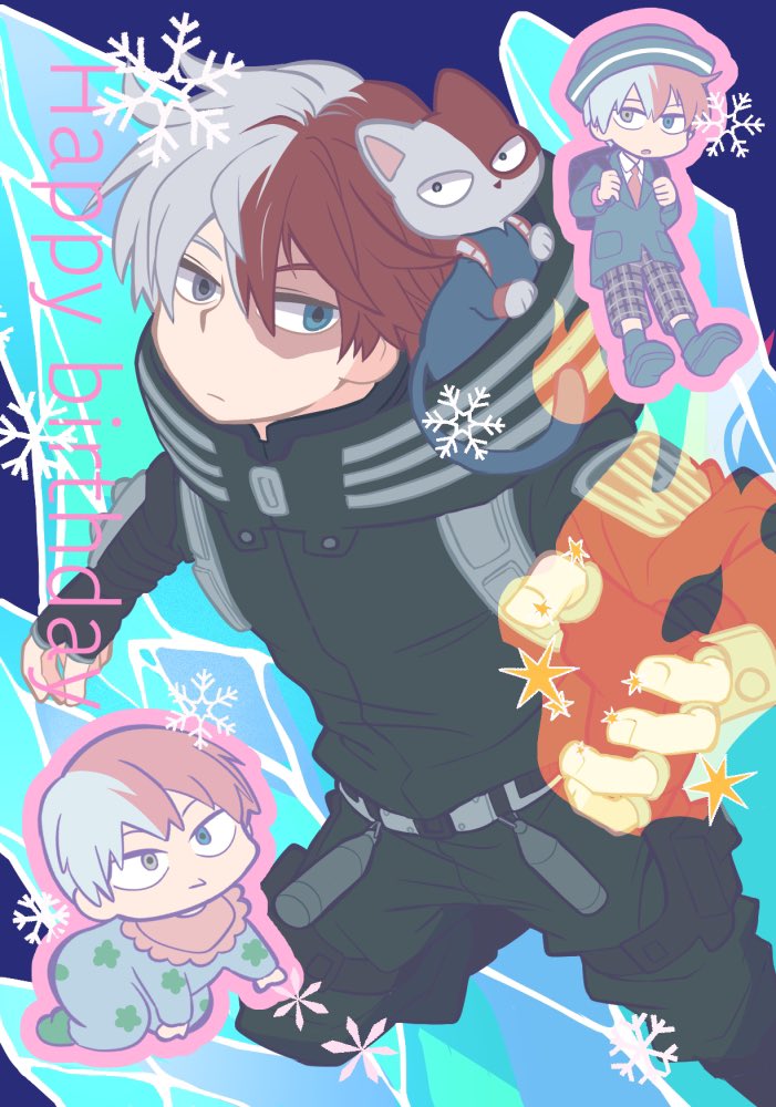 1boy, aged_down, all_fours, animal, animalization, baby, bangs, blue_background, blue_eyes, boku_no_hero_academia, burn_scar, cat, child, closed_mouth, commentary_request, fire, grey_eyes, grey_hair, hair_between_eyes, happy_birthday, hat, heterochromia, ice, kan_(k_mham1212), long_sleeves, looking_at_viewer, male_child, male_focus, multicolored_hair, multiple_boys, pyrokinesis, redhead, scar, scar_on_face, short_hair, snowflakes, split-color_hair, todoroki_shouto, two-tone_hair