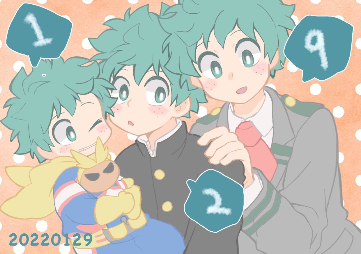 3boys, aged_down, all_might, all_might_(cosplay), blush, boku_no_hero_academia, character_doll, child