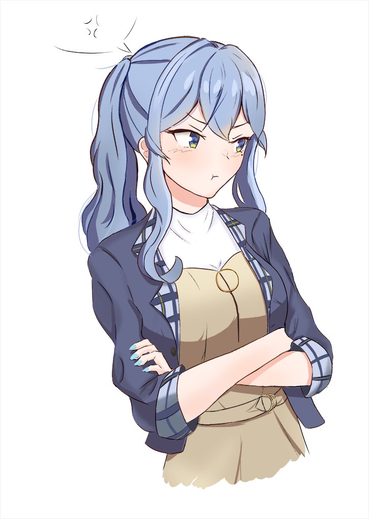 1girl, anger_vein, blue_hair, blue_jacket, brown_dress, crossed_arms, dawn_1945, dress