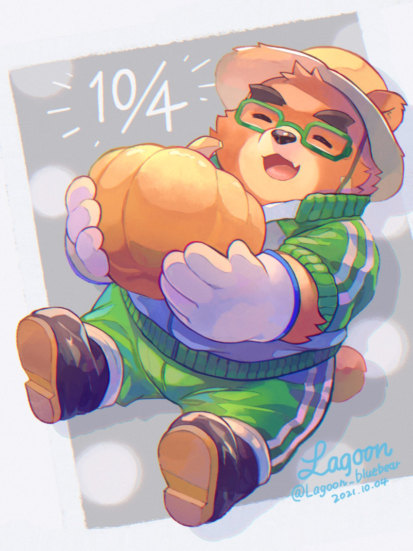1boy, animal_ears, artist_name, bandaid, bandaid_on_face, bear_boy, bear_ears, bear_tail, boots, closed_eyes, dated, fang, fang_out, food, full_body, furry, furry_male, glasses, gloves, green-framed_eyewear, green_jacket, green_pants, grey_background, hat, highres, holding, holding_food, holding_pumpkin, holding_vegetable, jacket, male_focus, open_mouth, pants, pumpkin, ragun_(lagoon_bluebear), signature, smile, solo, straw_hat, tail, thick_eyebrows, tokyo_afterschool_summoners, twitter_username, vegetable, volos_(housamo), white_gloves