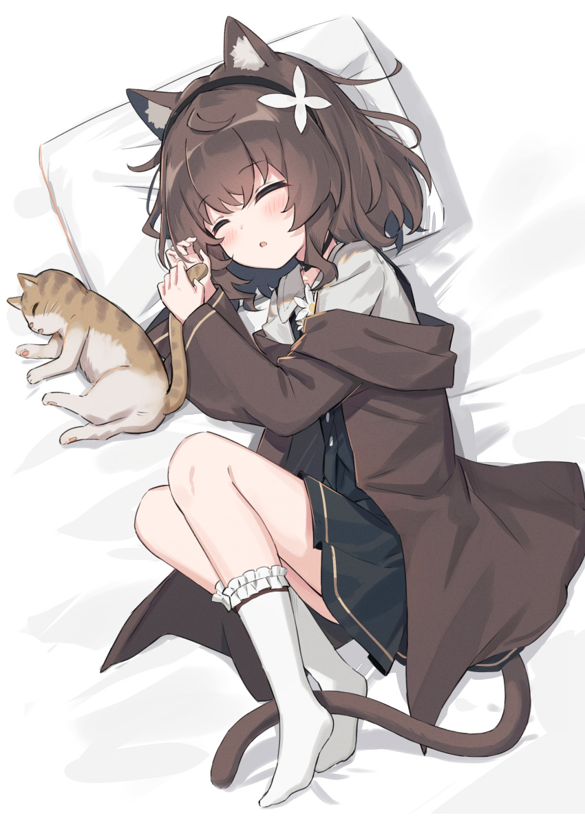 1girl, absurdres, animal, animal_ear_fluff, animal_ears, black_skirt, black_vest, blush