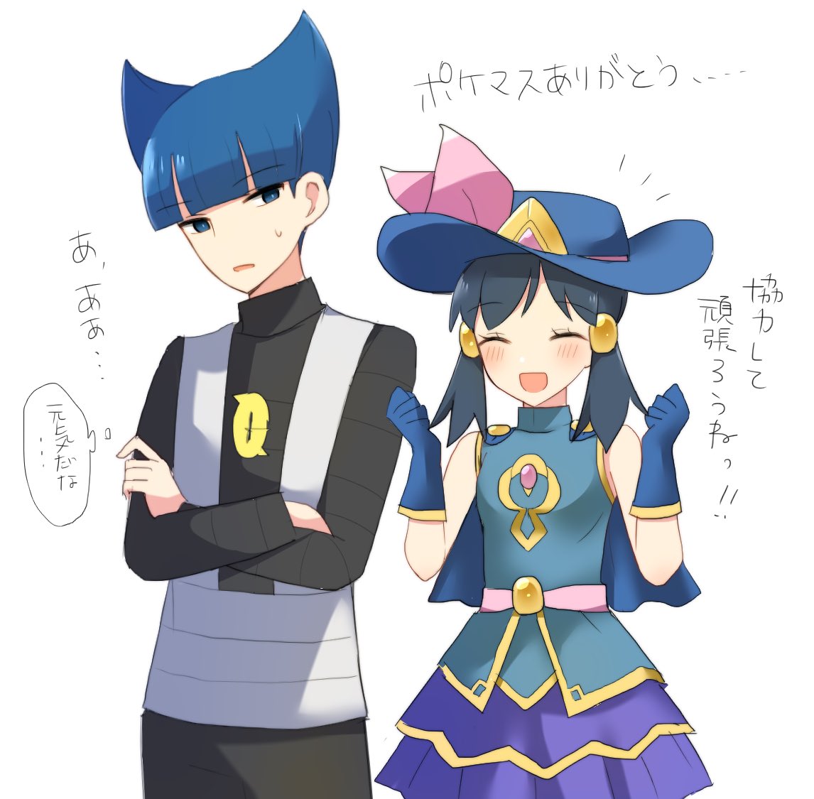 1boy, 1girl, :d, bangs, black_shirt, blue_eyes, blue_gloves, blue_hair