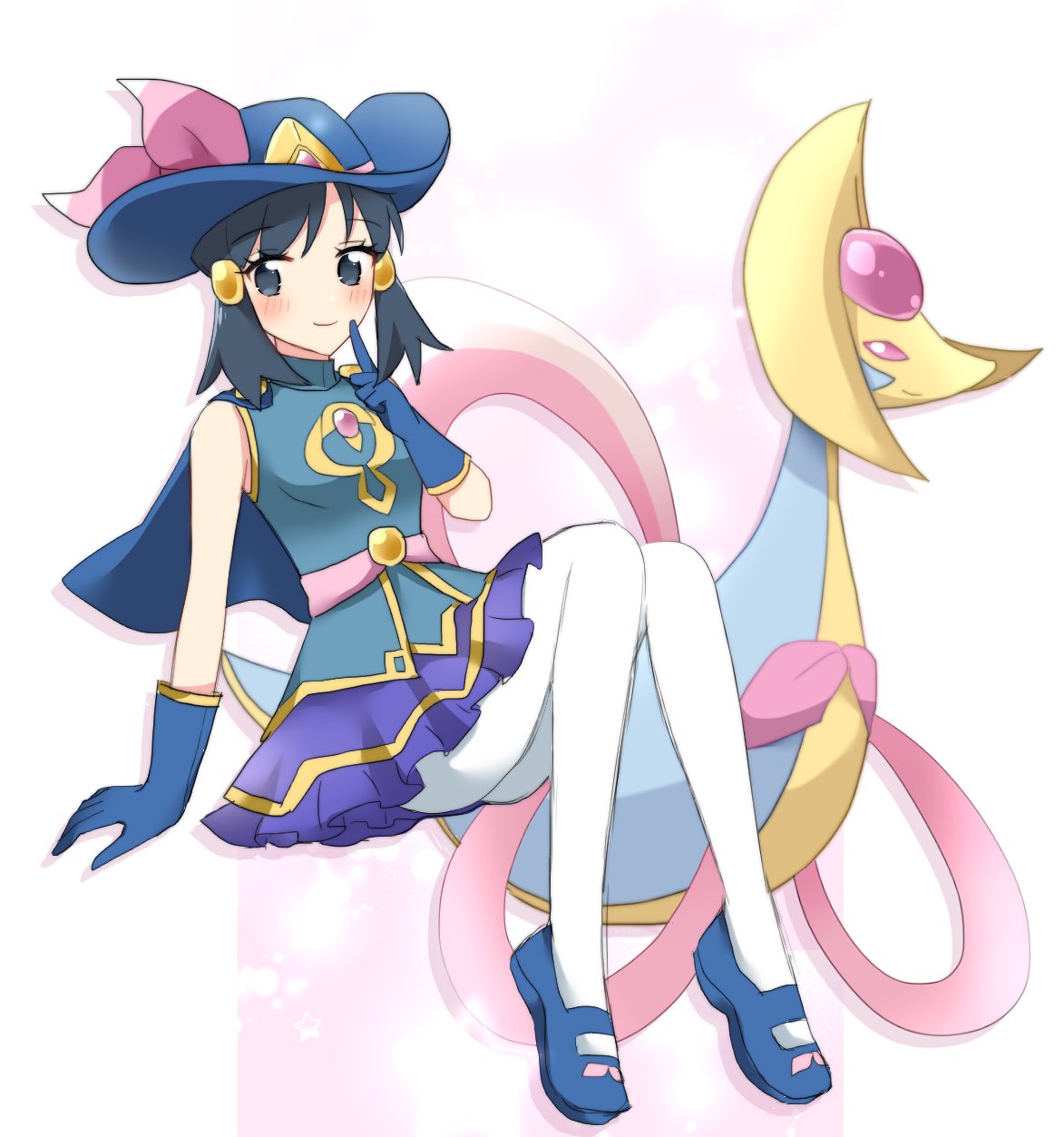 1girl, bangs, black_hair, blue_footwear, blue_gloves, blue_headwear, blush, closed_mouth, commentary_request, cresselia, dawn_(sygna_suit)_(pokemon), gloves, green_vest, grey_eyes, hair_ornament, hairclip, hand_up, hat, hat_ribbon, highres, hikari_(pokemon), index_finger_raised, official_alternate_costume, ohn_pkmn, pantyhose, pokemon, pokemon_(creature), pokemon_(game), pokemon_masters_ex, purple_ribbon, purple_skirt, ribbon, shoes, skirt, smile, vest, white_pantyhose