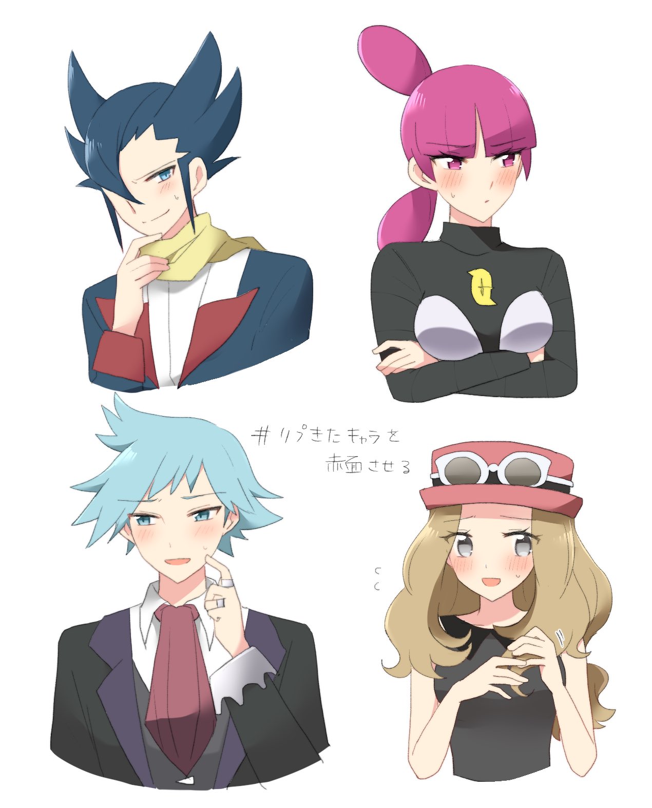 2boys, 2girls, bangs, black_hair, black_shirt, blue_eyes, blue_hair, blush