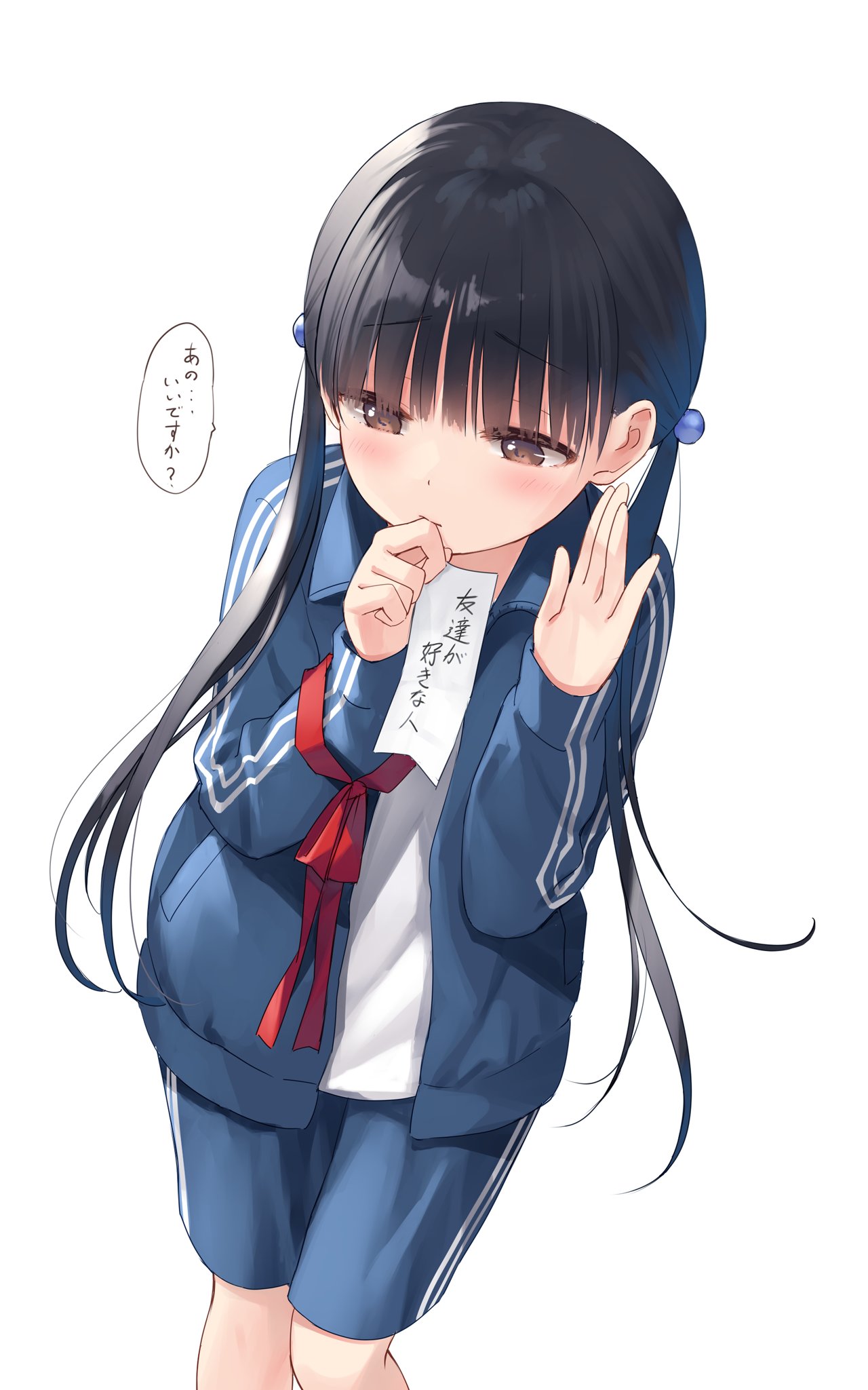1girl, black_hair, blue_jacket, blue_shorts, blush, borrowing_race, brown_eyes, commentary_request