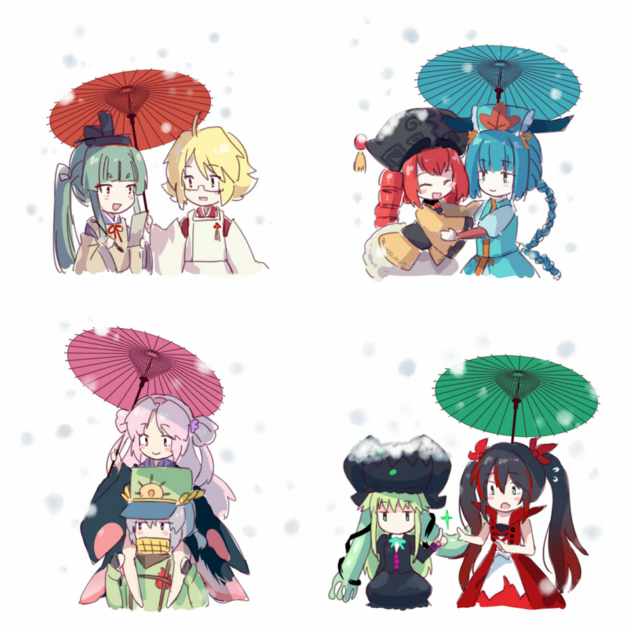 6+girls, ahoge, akinomiya_asuka, aqua_eyes, bangs, black_hair, black_headwear, black_umbrella